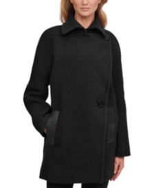 Asymmetrical Faux-Leather-Trim Peacoat