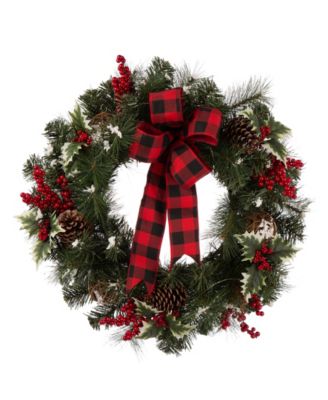 LED Pre-Lit Greenery Buffalo Bow Berry Holly Pine Cone Rattan Ornament Wreath
