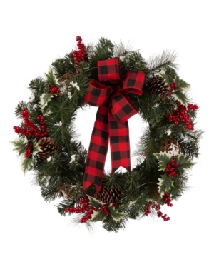 Glitzhome Led Pre-lit Greenery Buffalo Bow Berry Holly Pine Cone Rattan Ornament Wreath In Multi