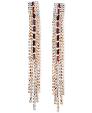 image of Guess Gold-Tone Crystal & Burgundy Stone Fringe Linear Drop Earrings