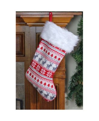 Tree Deer and Snowflake Knit Christmas Stocking with Faux Fur Cuff