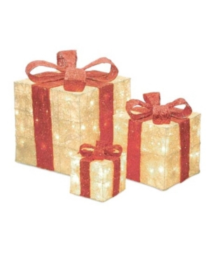 Northlight Sisal Lighted Gi Boxes With Red Bows Outdoor Christmas Decorations In Ivory