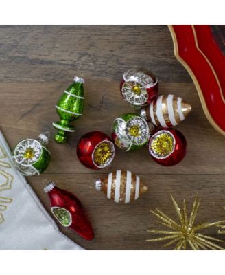 9 Count Retro Reflector Glitte Glass Christmas Ornaments