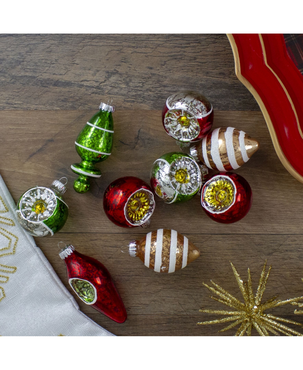 Northlight 9 Count Retro Reflector Glitte Glass Christmas Ornaments