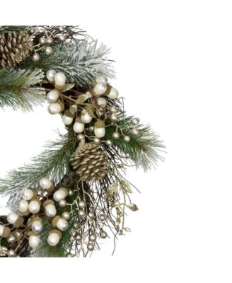 Unlit Acorn and Pine Cone Flocked Pine Needle Artificial Christmas Wreath
