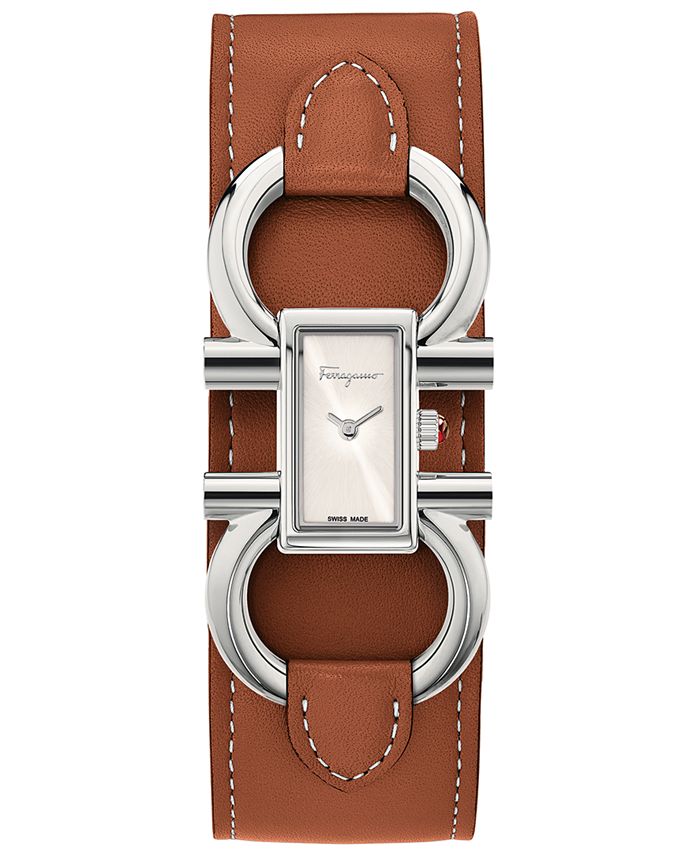 Salvatore Ferragamo - Women's Swiss Double Gancini Brown Calf Leather Cuff Strap Watch 13x23mm