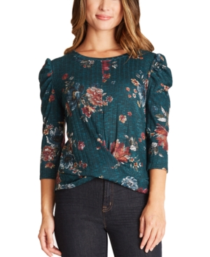 image of Bcx Juniors- Printed Twist-Front Puff-Sleeve Top