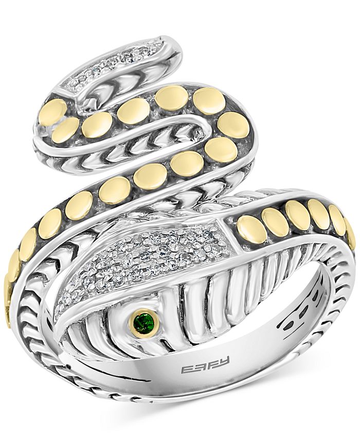EFFY Collection - Diamond (1/10 ct. t.w.) & Tsavorite Accent Snake Ring in Sterling Silver & 18k Gold-Plate