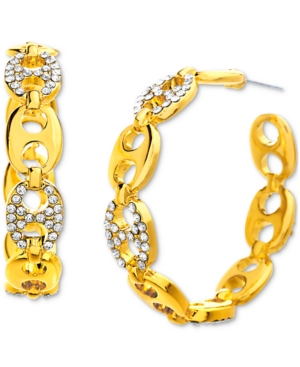 image of Steve Madden Gold-Tone Medium Pave Fancy Link Open Hoop Earrings, 1.57