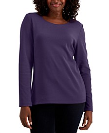 Petite Long Sleeve Cotton Scoop-Neckline Top, Created for Macy's