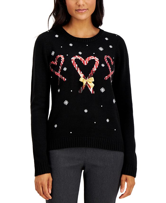 Karen Scott Sequined Candy Cane Heart Sweater, Created for Macy's - Macy's