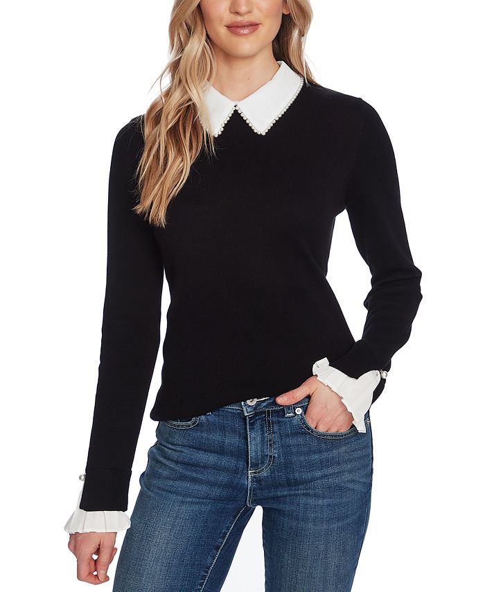 Cece Women's Peter-Pan Collar Pullover Long Sleeve Sweater, Rich Black, M