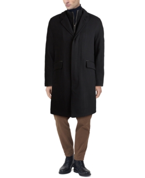 Cole Haan Men's Layered Look Classic-Fit Twill Topcoat with Faux-Leather Trim