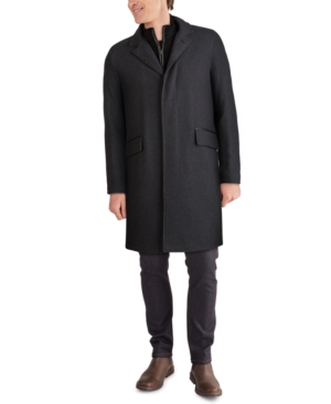 Cole Haan Men's Layered Look Classic-Fit Twill Topcoat with Faux-Leather Trim
