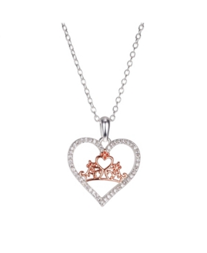 image of Disney Two-Tone Princess Cubic Zirconia Crown Heart Pendant Necklace in Fine Silver Plate