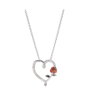 image of Disney Two-Tone Beauty and The Beast Cubic Zirconia Heart and Rose Pendant Necklace in Fine Silver Plate