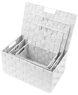 3 Piece Decorative Stackable Woven Basket with Lid and Built-in Carry Handles - Great for Storage and Organization