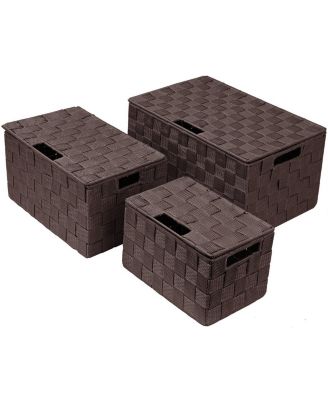 3 Piece Decorative Stackable Woven Basket with Lid and Built-in Carry Handles - Great for Storage and Organization