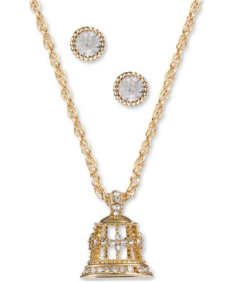 Charter Club - Gold-Tone Crystal Bell Pendant Necklace & Stud Earrings Set