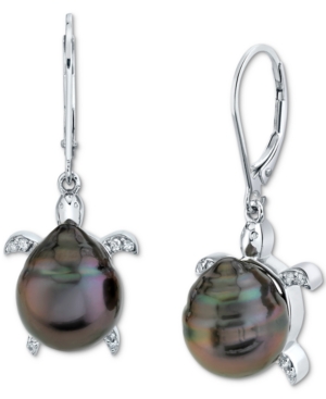 image of Cultured Tahitian Pearl (10mm) & Diamond (1/10 ct. t.w.) Sea Turtle Drop Earrings in Sterling Silver