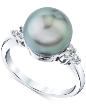 image of Cultured Tahitian Pearl (10mm) & Diamond (1/6 ct. t.w.) Ring in 14k White Gold