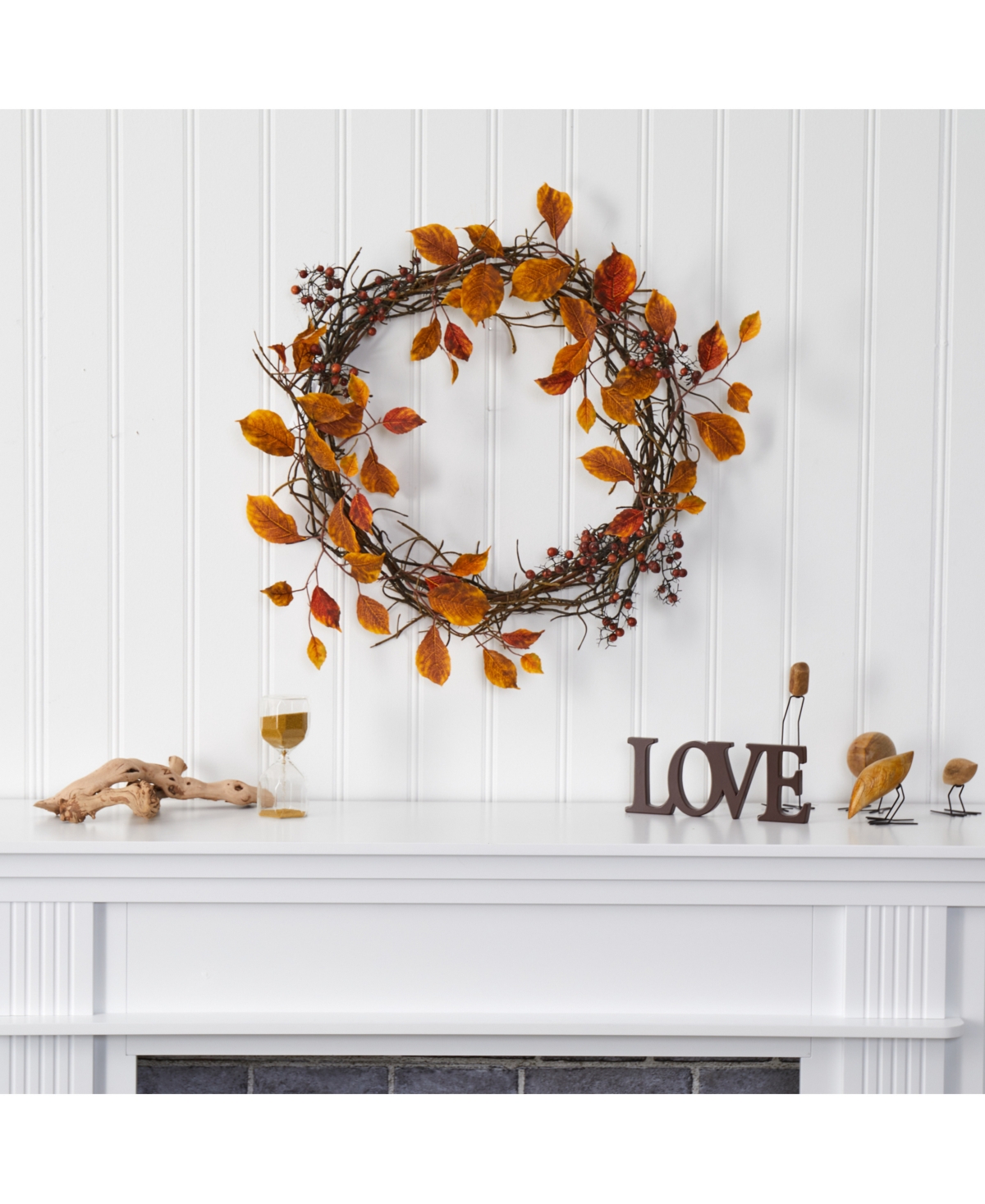 Nearly Natural Harvest Leaf, Berries And Twig Artificial Wreath In Orange