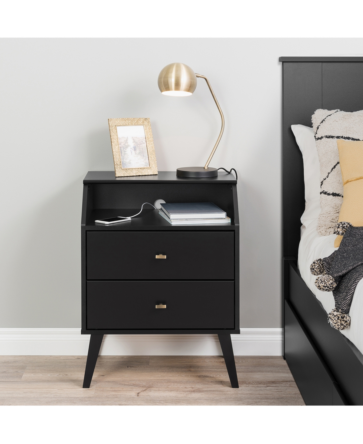 Prepac Milo Mid Century Modern 2 Drawer Nightstand with Angled Top