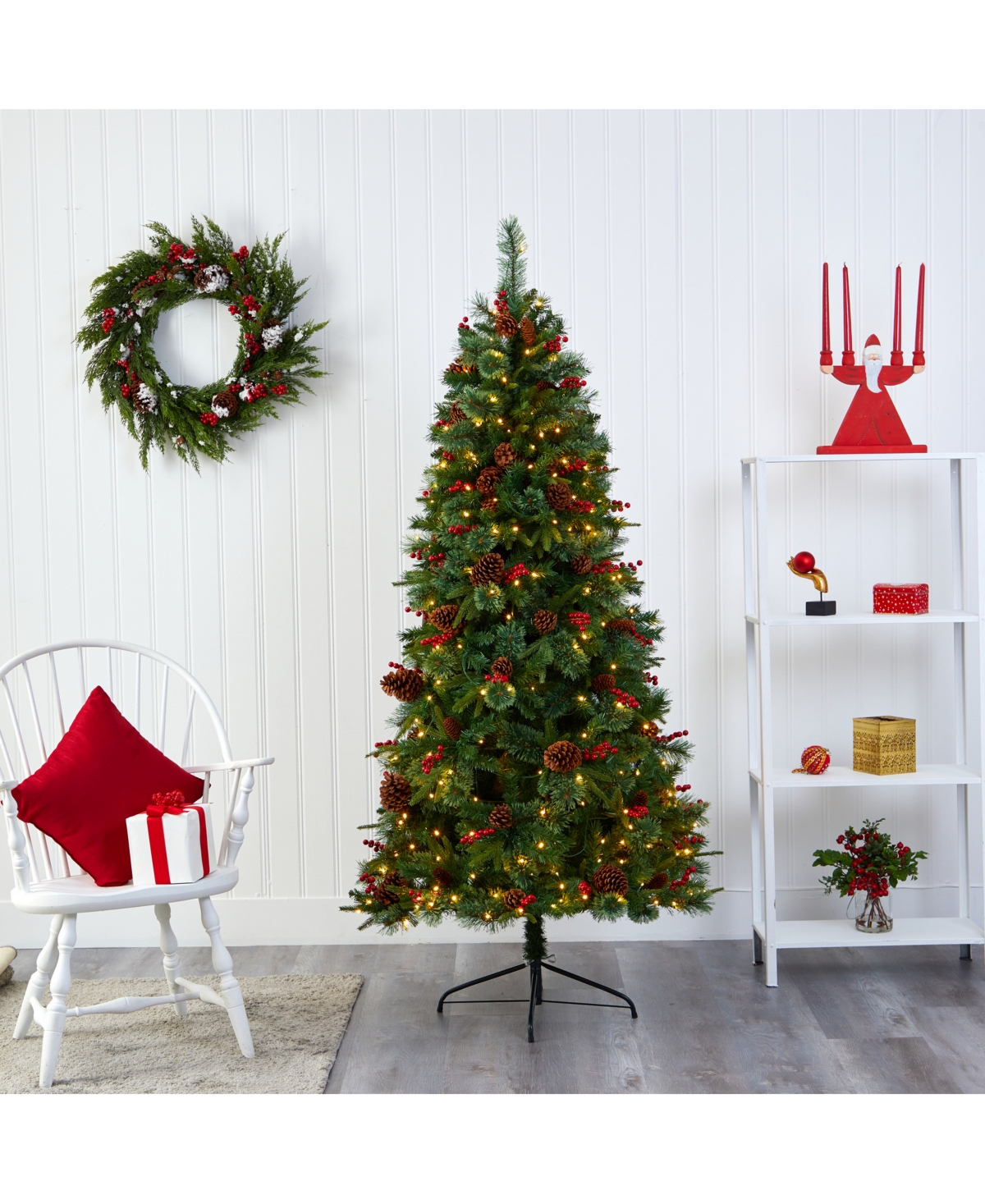 Nearly Natural Norway Mixed Pine Artificial Christmas Tree with 350 Clear Led Lights, Pine Cones and Berries