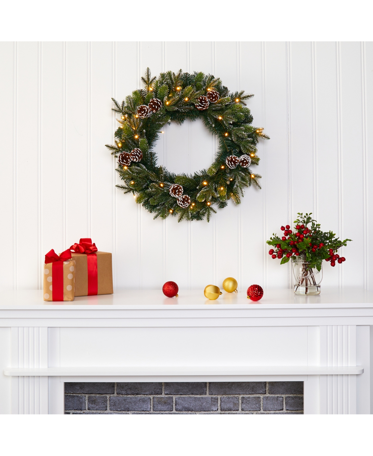 Nearly Natural Snowed Pinecone Artificial Christmas Wreath with 35 Clear Led Lights
