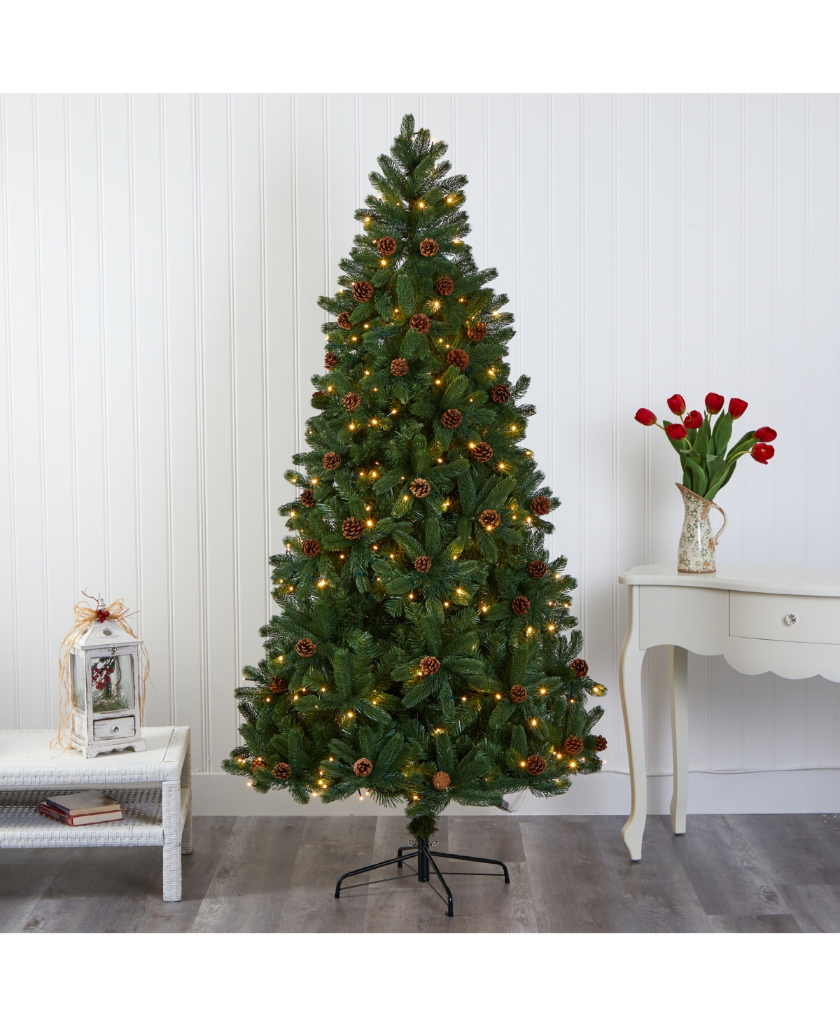 Nearly Natural Rocky Mountain Spruce Artificial Christmas Tree with Pinecones and 400 Clear Led Lights