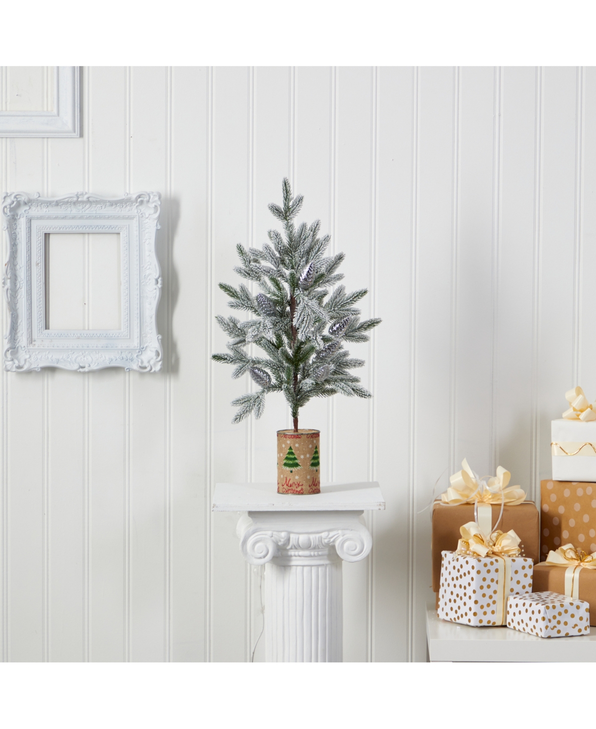 Nearly Natural 28In. Flocked Christmas Artificial Tree in Decorative Planter