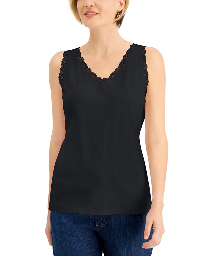 Women's Lace-Trimmed Tank Top - Vee neckline / Loose Fit / Black