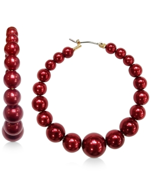 image of Inc Gold-Tone Medium Red Imitation Pearl Graduated Hoop Earrings, 1.94