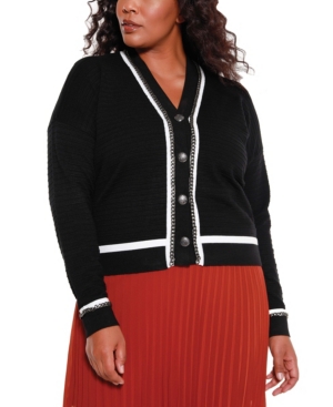 Belldini Black Label Women's Plus Size Button Down Cardigan with Chain Detail