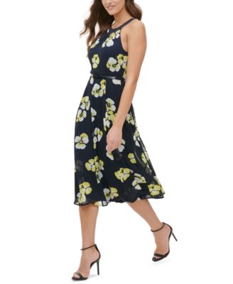 tommy hilfiger printed belted halter midi dress