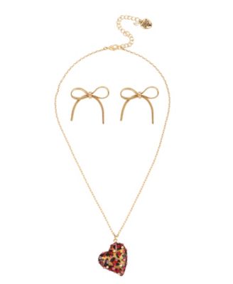 Betsey Johnson - Leopard Heart Pendant Necklace  Stud Earrings Set