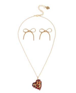 image of Betsey Johnson Leopard Heart Pendant Necklace Stud Earrings Set