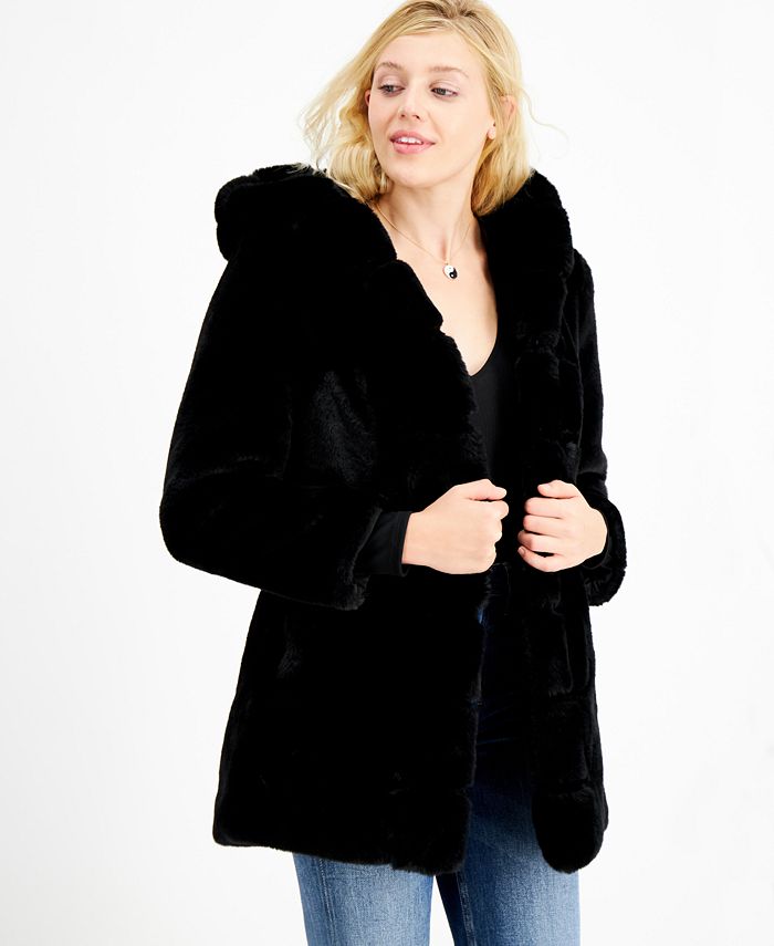 GUESS Midnight Hooded Faux-Fur Coat - Macy's