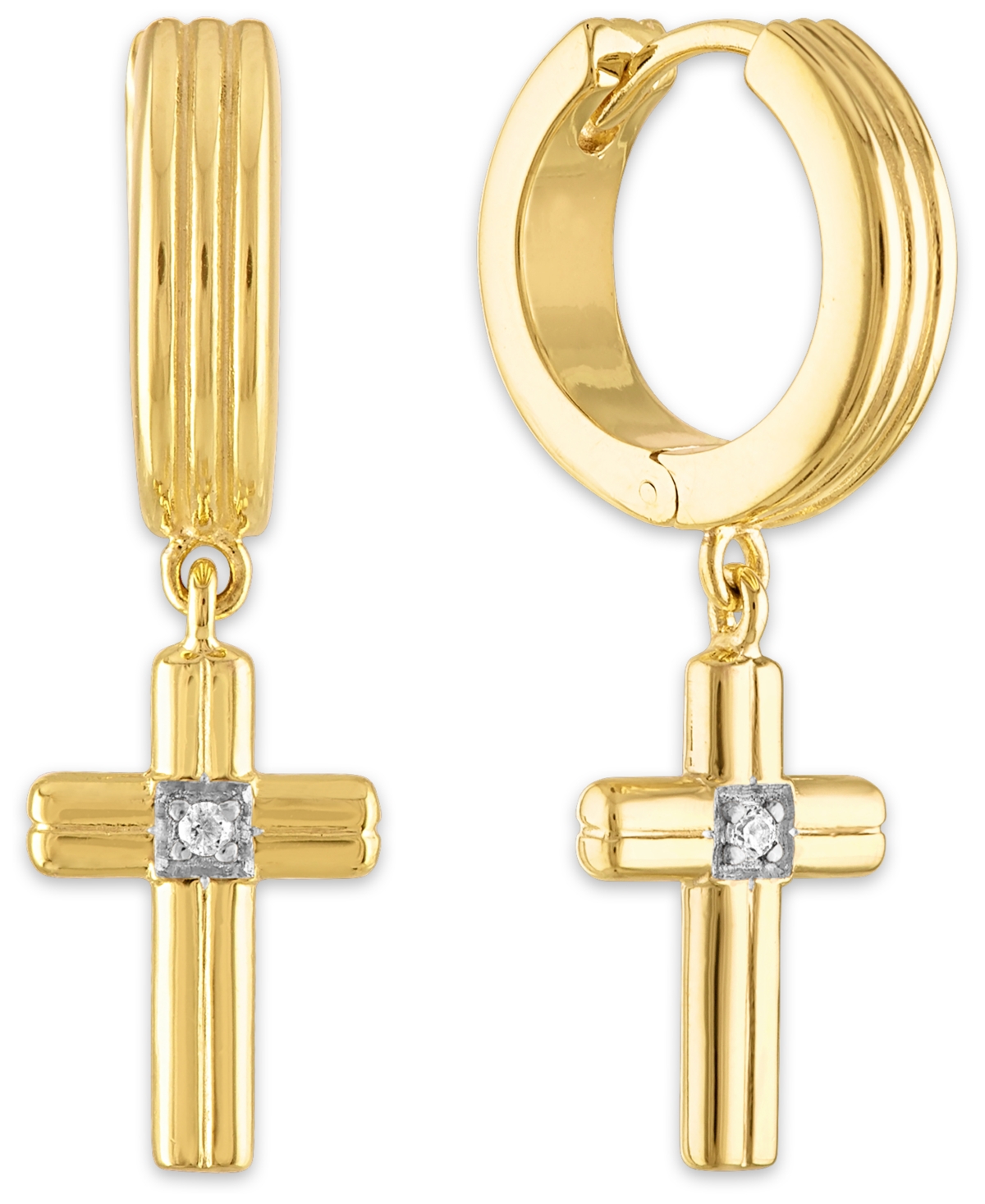 Diamond Accent Cross Drop Hoop Earrings in 14k Gold-Plated Sterling Silver, Sterling Silver or Black Ruthenium over silver, Crea