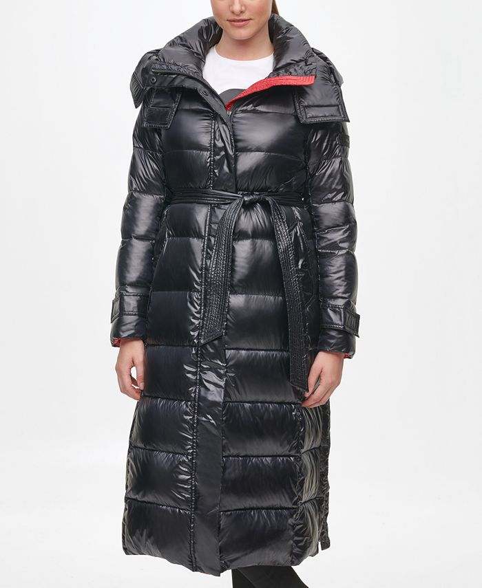 Karl Lagerfeld Paris Women's Contrast Maxi Belted Puffer Coat & Reviews ...