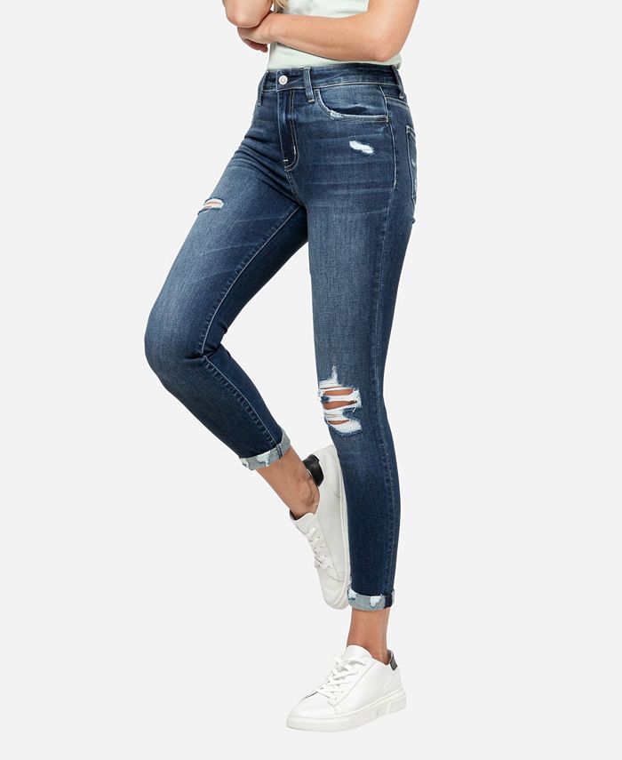 FLYING MONKEY Women's High Rise Distressed Roll Up Skinny Crop Jeans ...