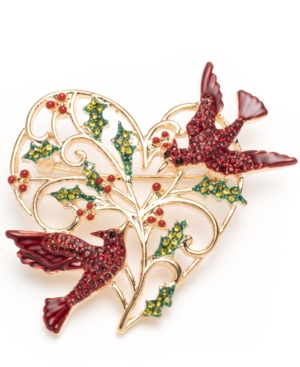 image of Anne Klein Gold-Tone Red Bird Heart Boxed Pin