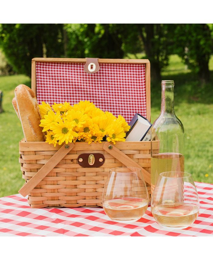 Vintiquewise - Gingham Lined Woodchip Picnic Basket With Lid and Movable Handles