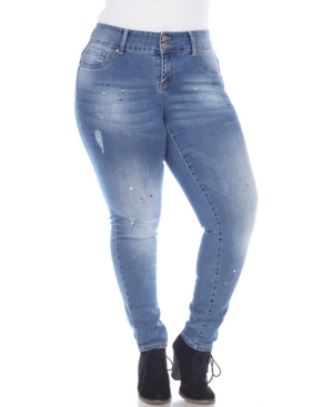 White Mark Women's Plus Size Paint Effect Light Blue Denim Jeans