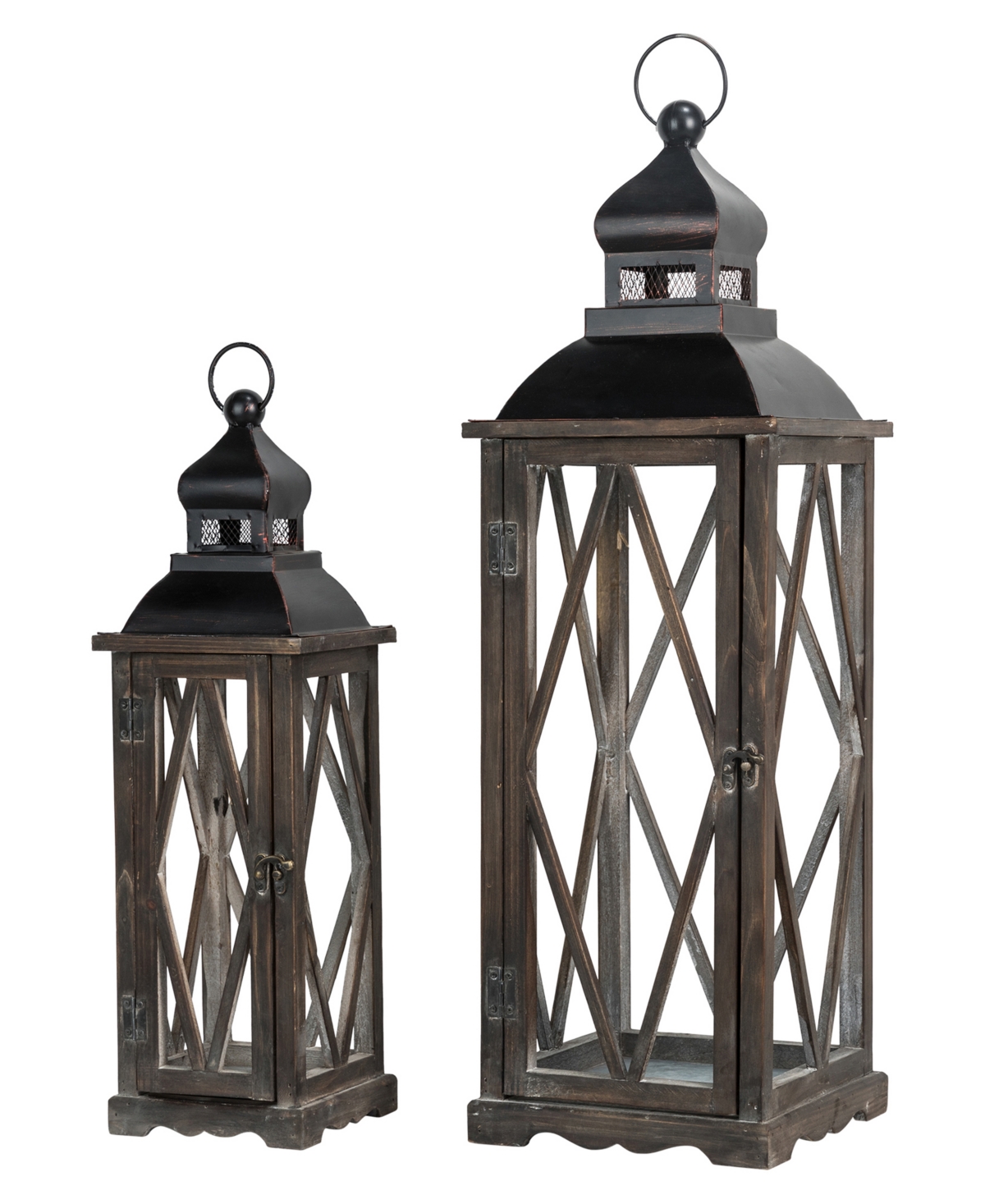 Glitzhome Set Of 2 Black Farmhouse Wooden Lanterns With Diamond Window Frame