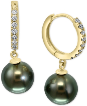 image of Effy Black Cultured Tahitian Pearl (10mm) & Diamond (3/8 ct. t.w.) Dangle Drop Earrings in 14k Gold