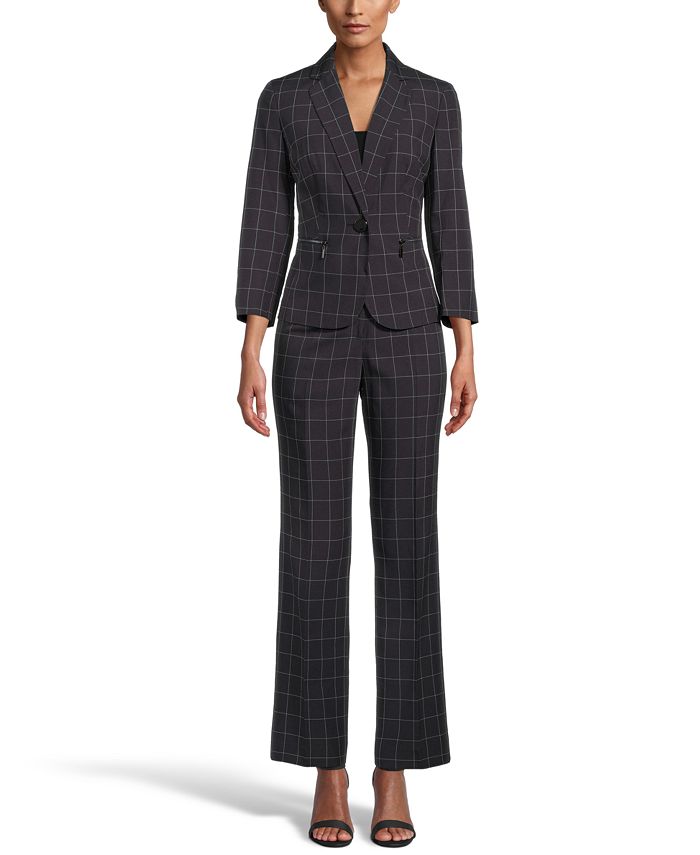 Le Suit Windowpane Check One-Button Pantsuit - Macy's