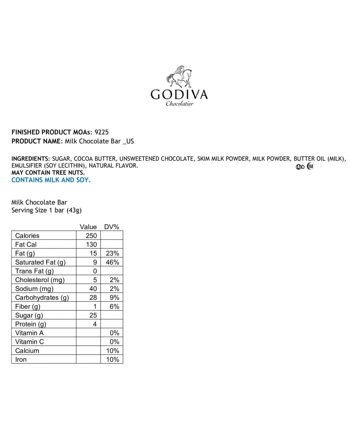 Godiva Milk Chocolate Bars, 24 Piece