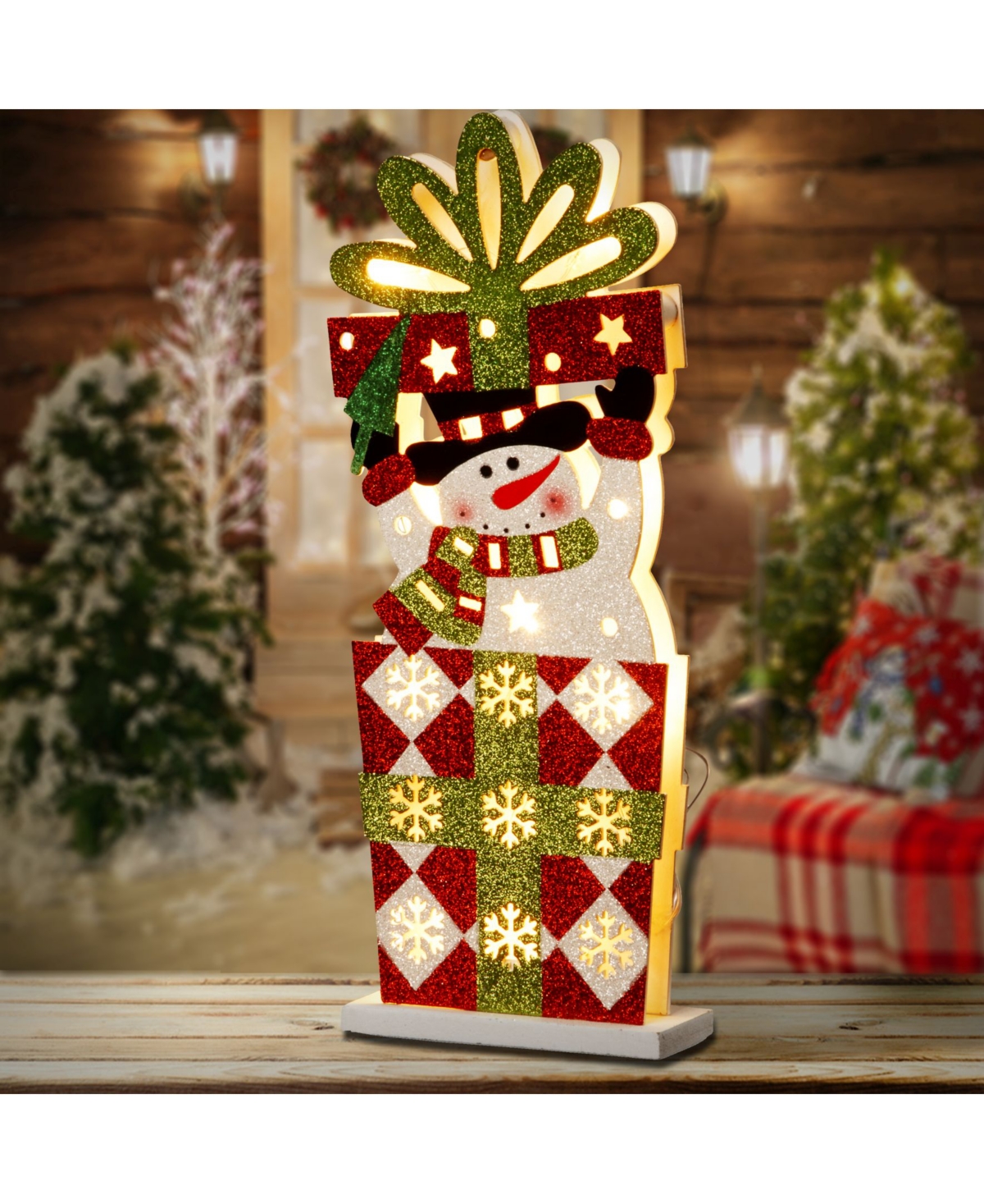 National Tree PreLit Wooden Gift Box Snowman