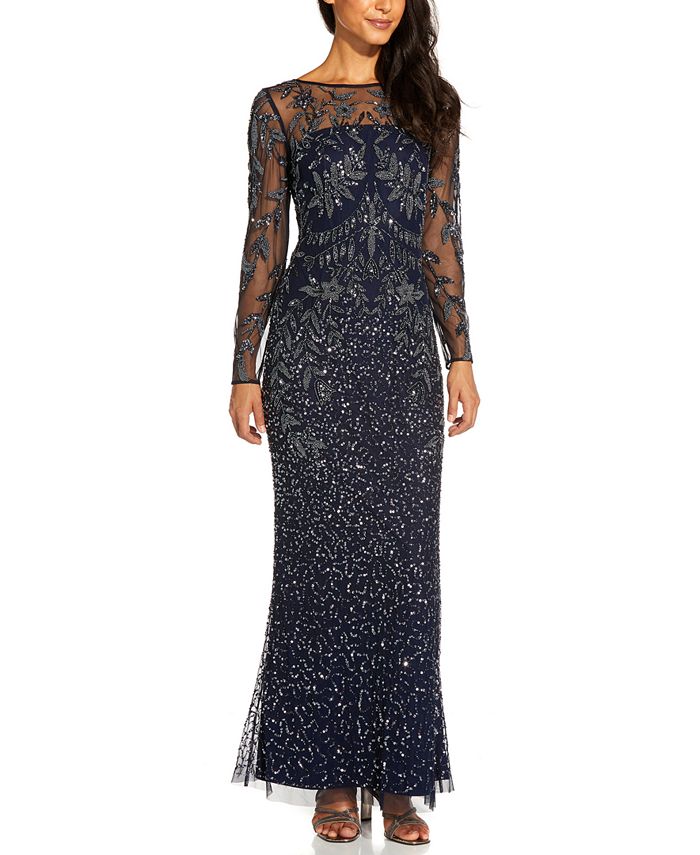 Adrianna Papell Beaded Illusion-Sleeve Gown - Macy's